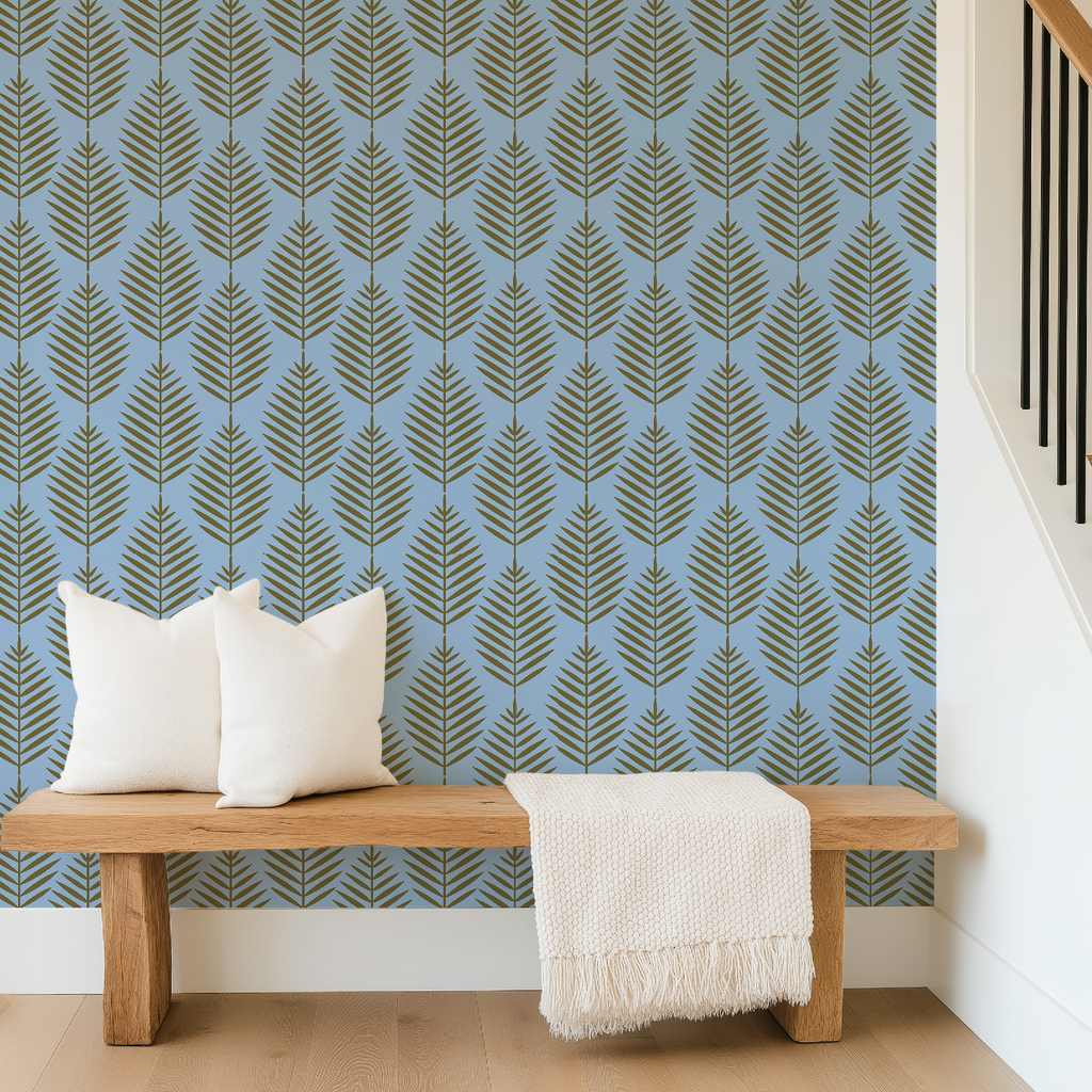 Palm Beach Leaf Gold and Blue Wallpaper