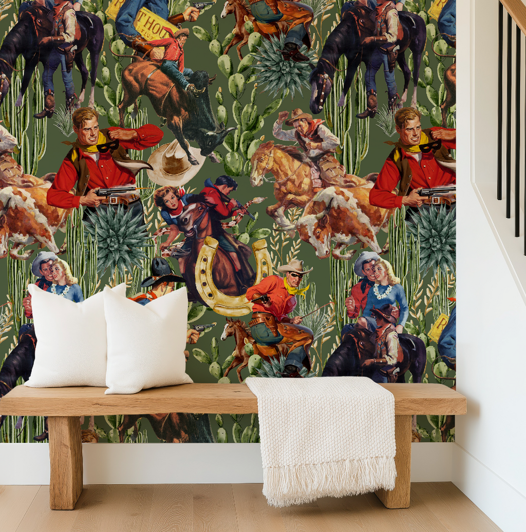 Retro Western Cowboy Sage Green Wallpaper