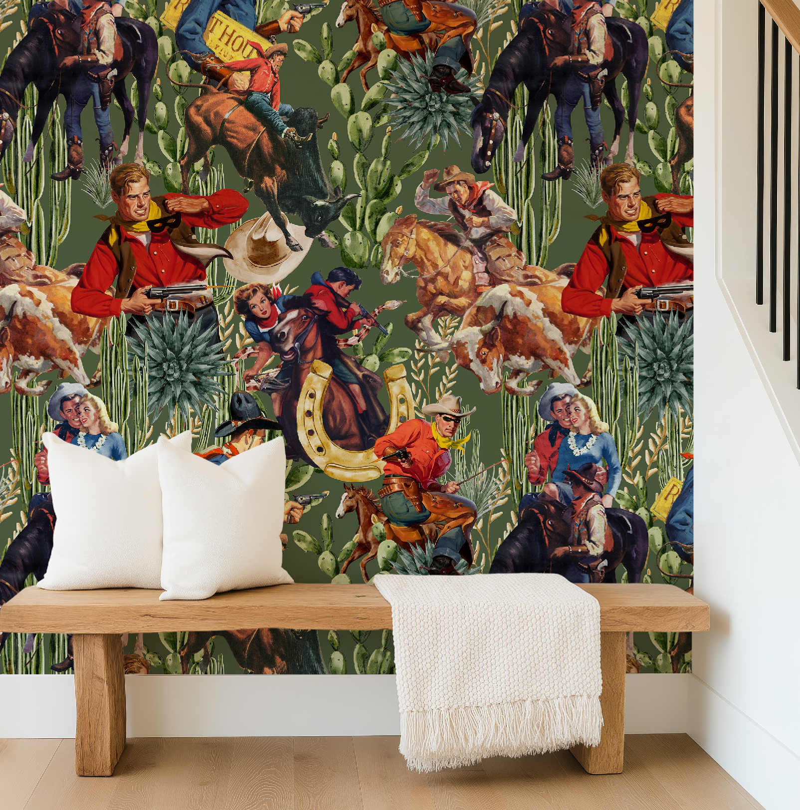 Retro Western Cowboy Sage Green Wallpaper