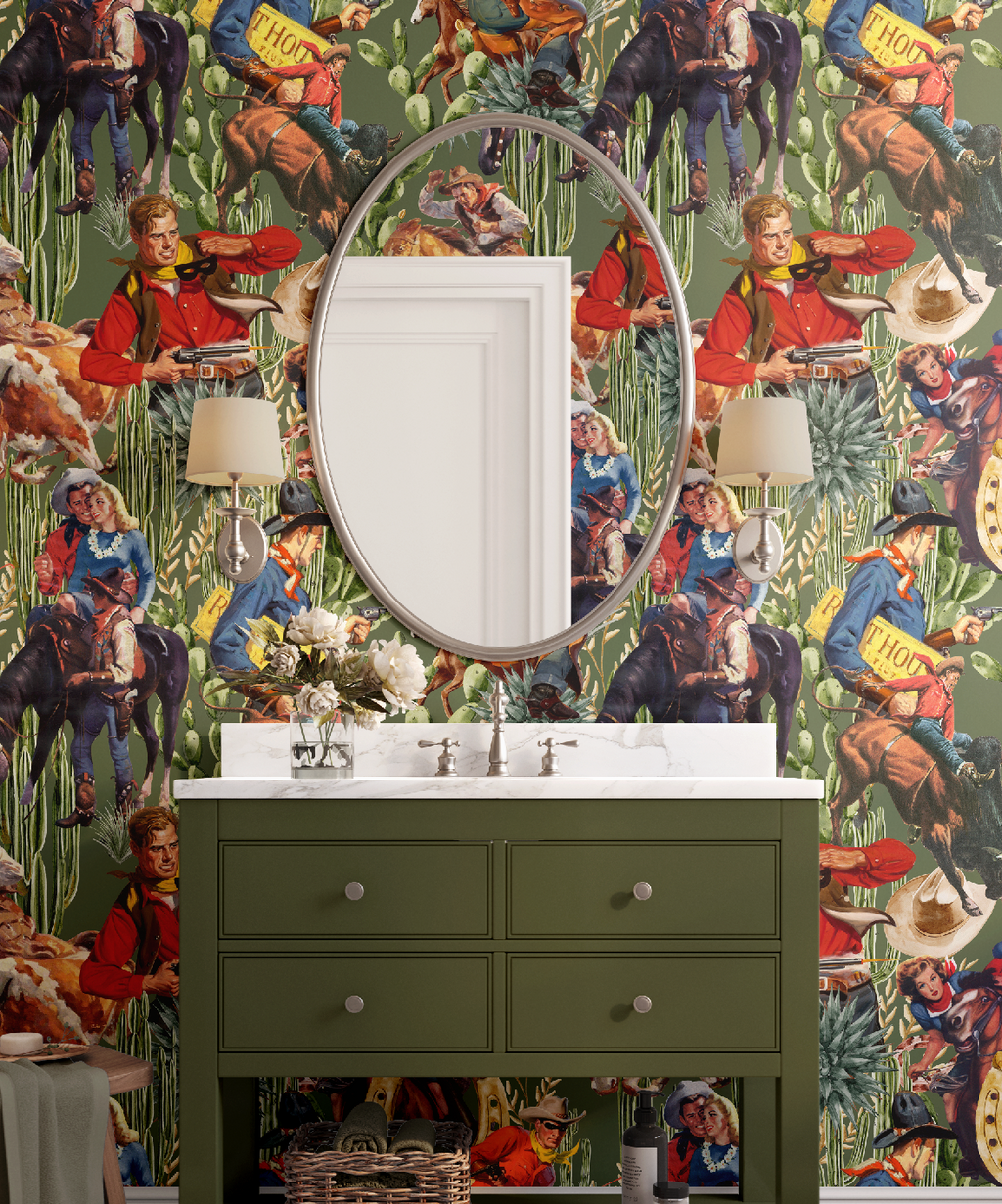 Retro Western Cowboy Sage Green Wallpaper