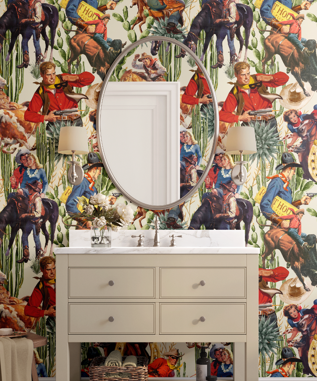 Retro Western Cowboy Ivory Wallpaper