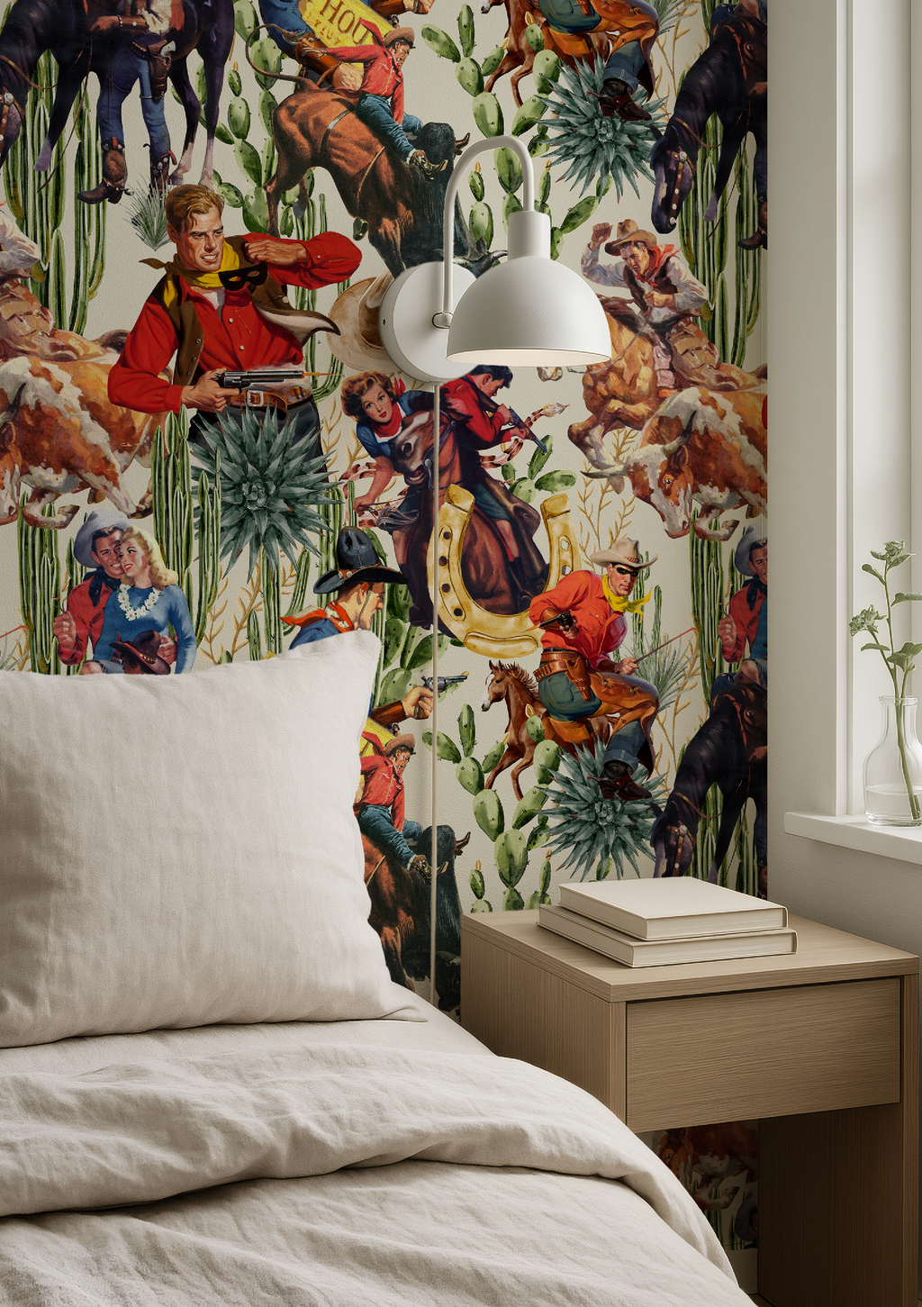 Retro Western Cowboy Ivory Wallpaper
