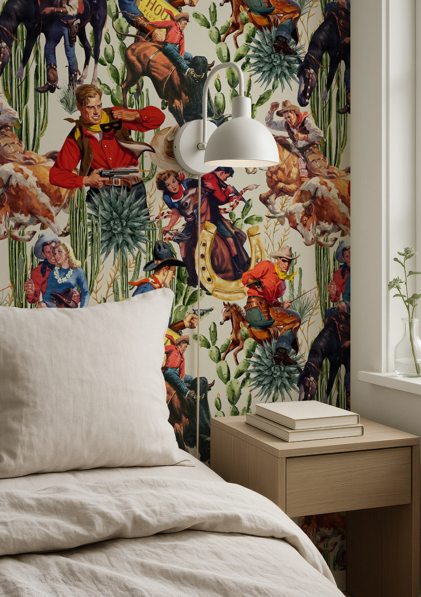 Retro Western Cowboy Ivory Wallpaper