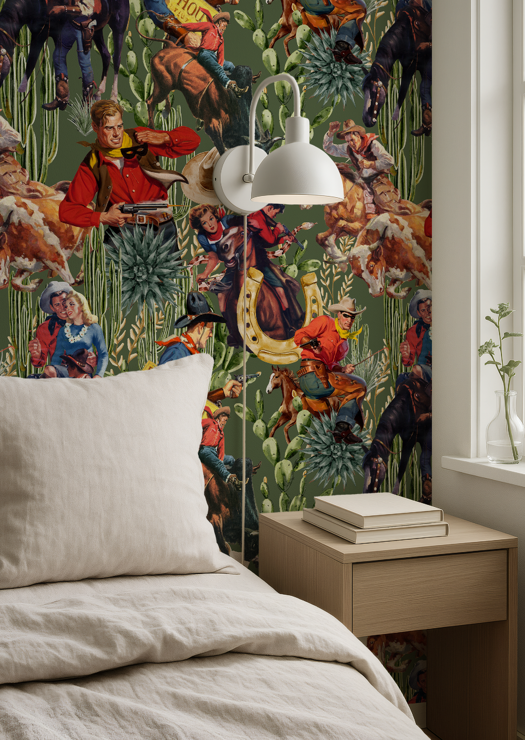 Retro Western Cowboy Sage Green Wallpaper