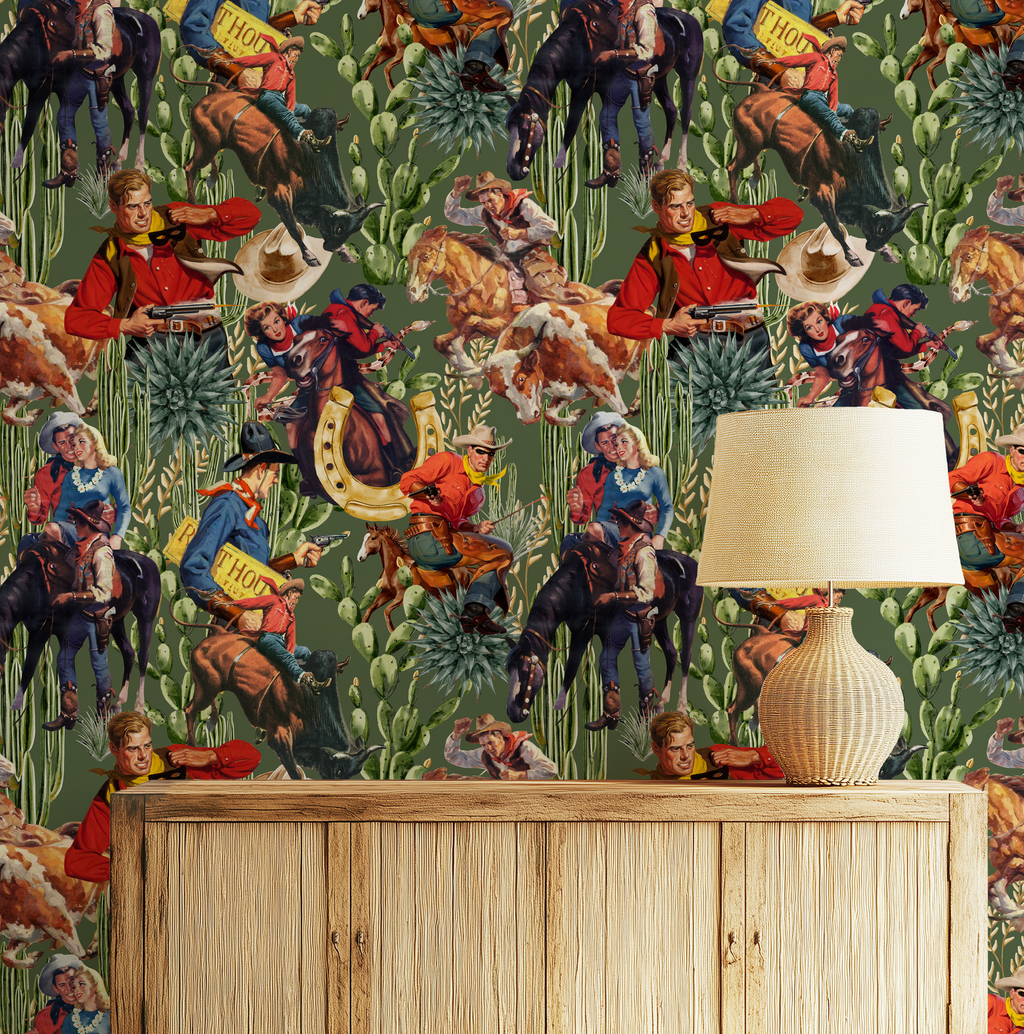 Retro Western Cowboy Sage Green Wallpaper
