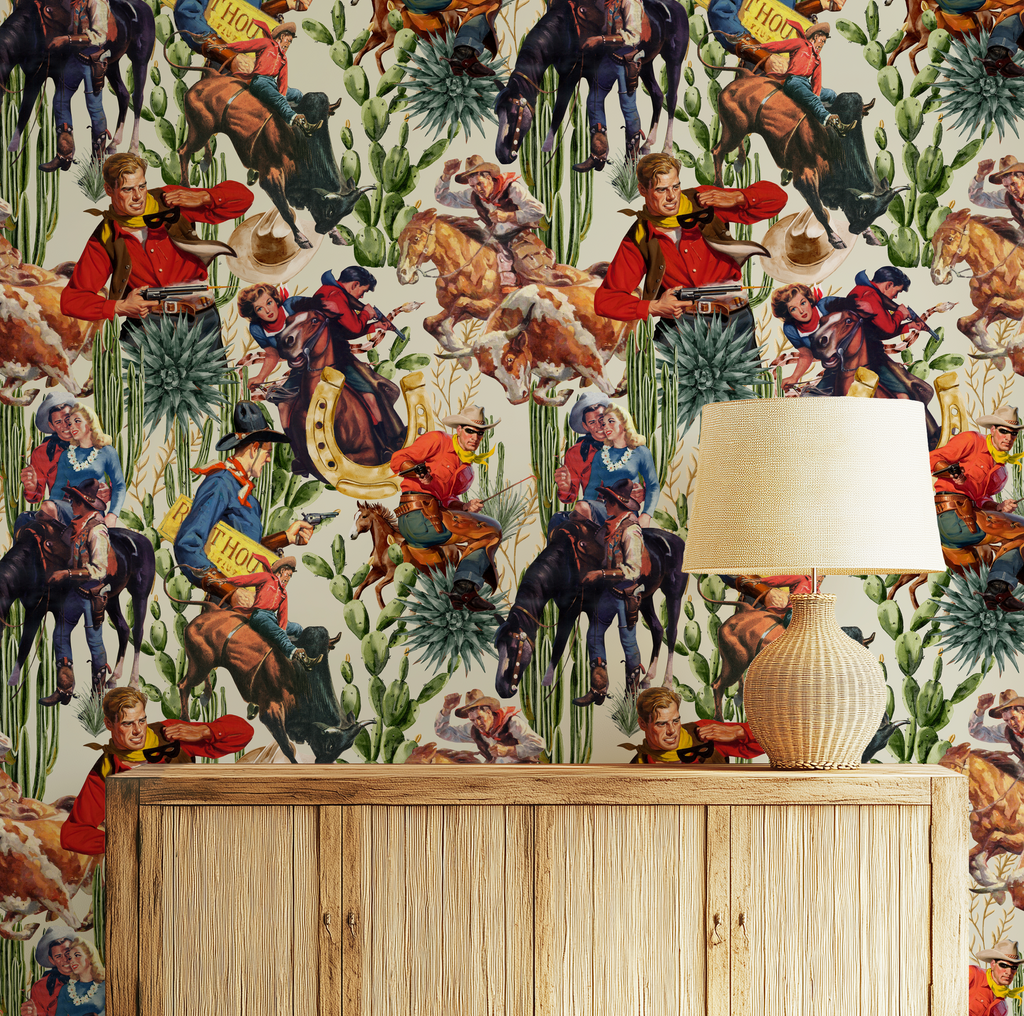 Retro Western Cowboy Ivory Wallpaper