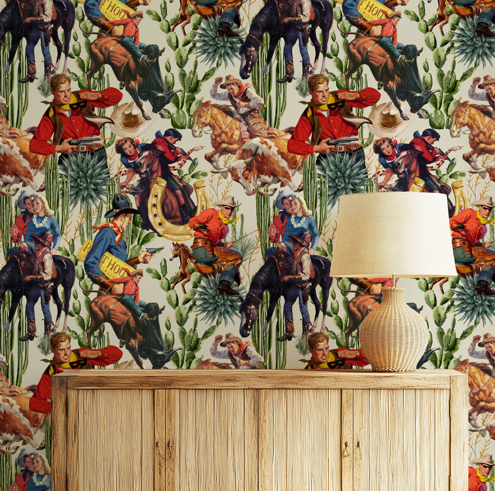 Retro Western Cowboy Ivory Wallpaper