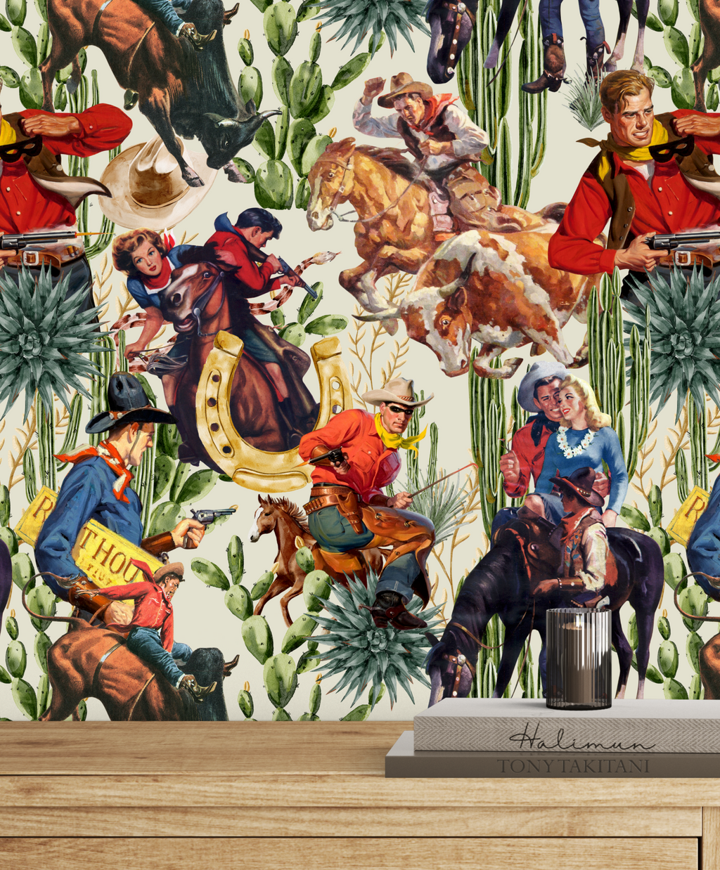 Retro Western Cowboy Ivory Wallpaper