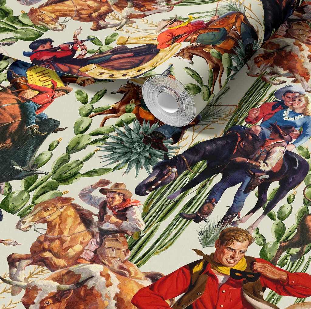Retro Western Cowboy Ivory Wallpaper