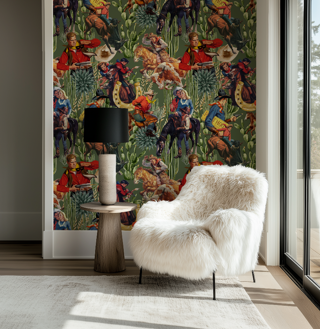 Retro Western Cowboy Sage Green Wallpaper
