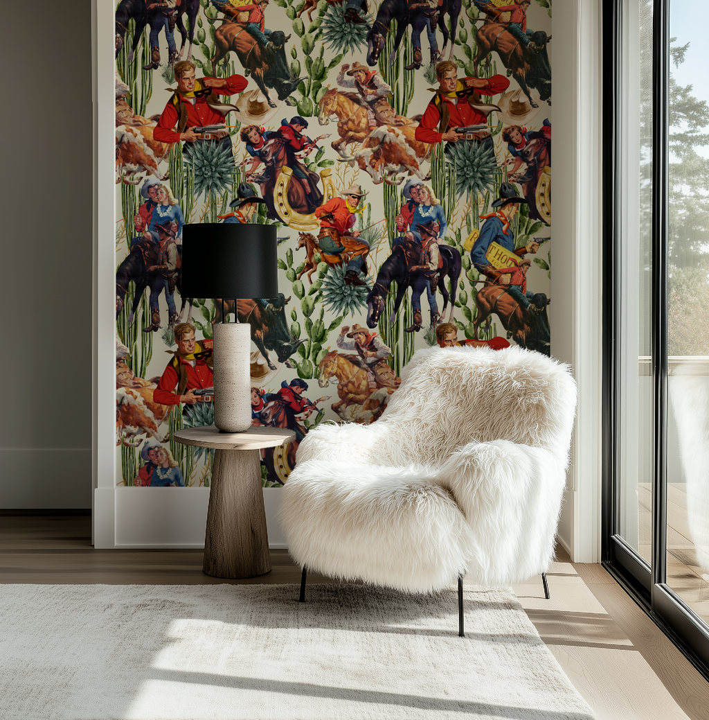 Retro Western Cowboy Ivory Wallpaper