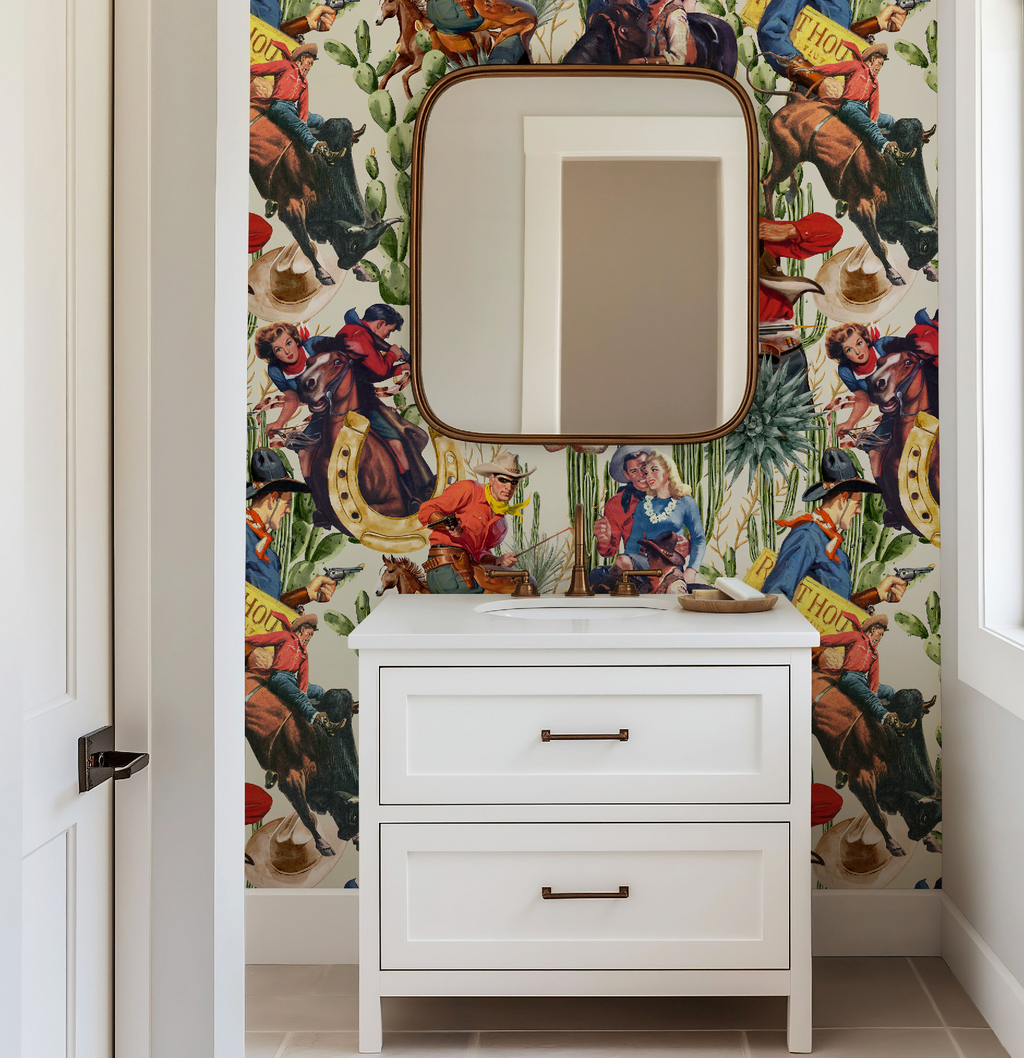 Retro Western Cowboy Ivory Wallpaper