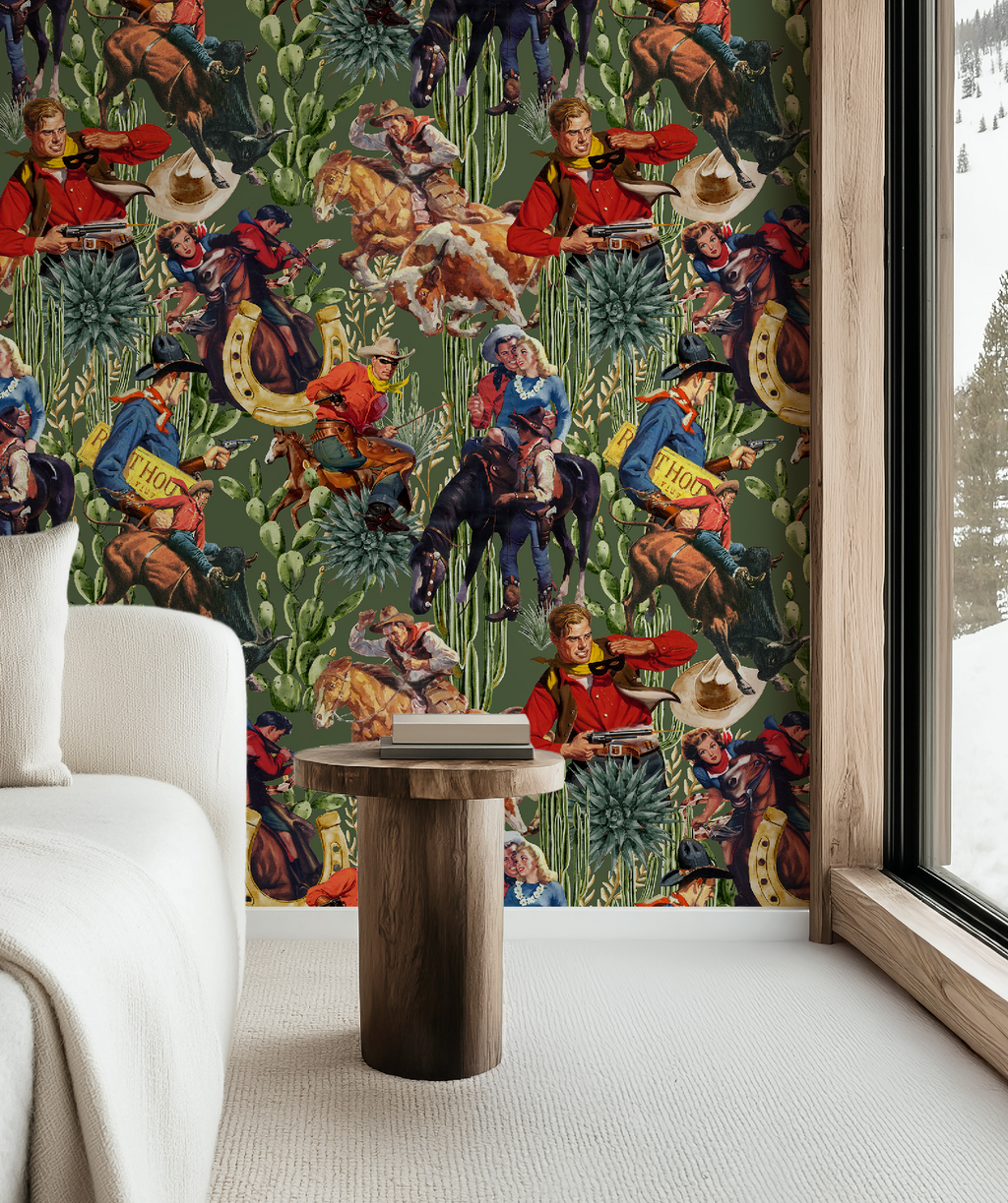 Retro Western Cowboy Sage Green Wallpaper