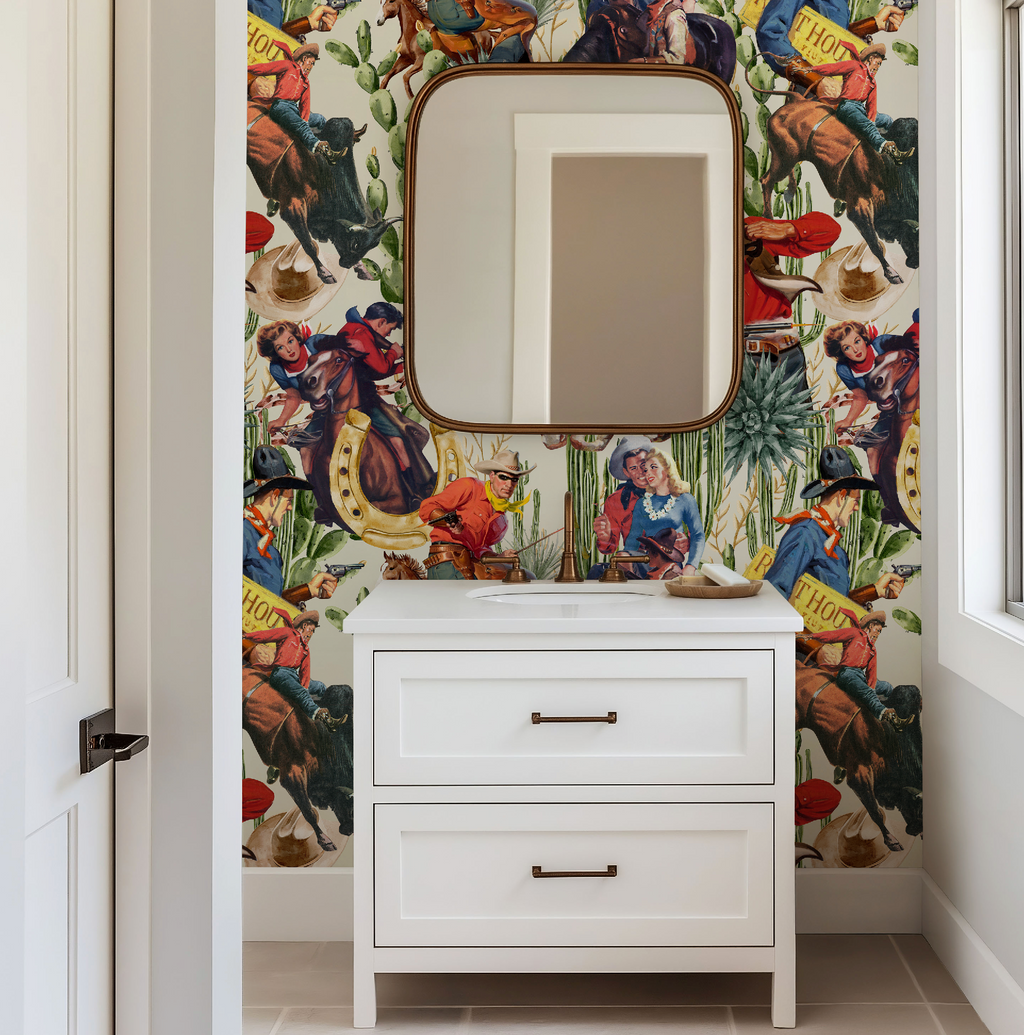 Retro Western Cowboy Ivory Wallpaper