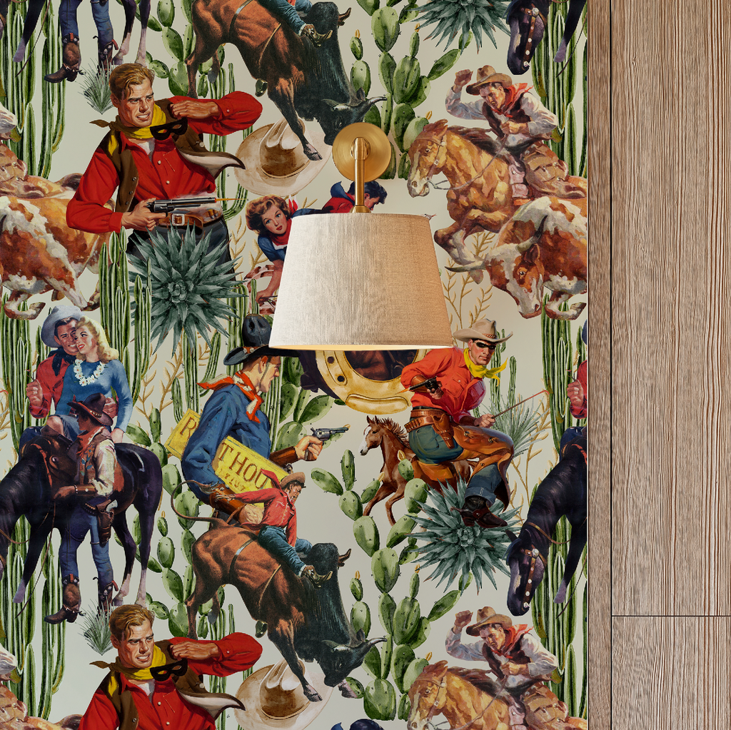 Retro Western Cowboy Ivory Wallpaper