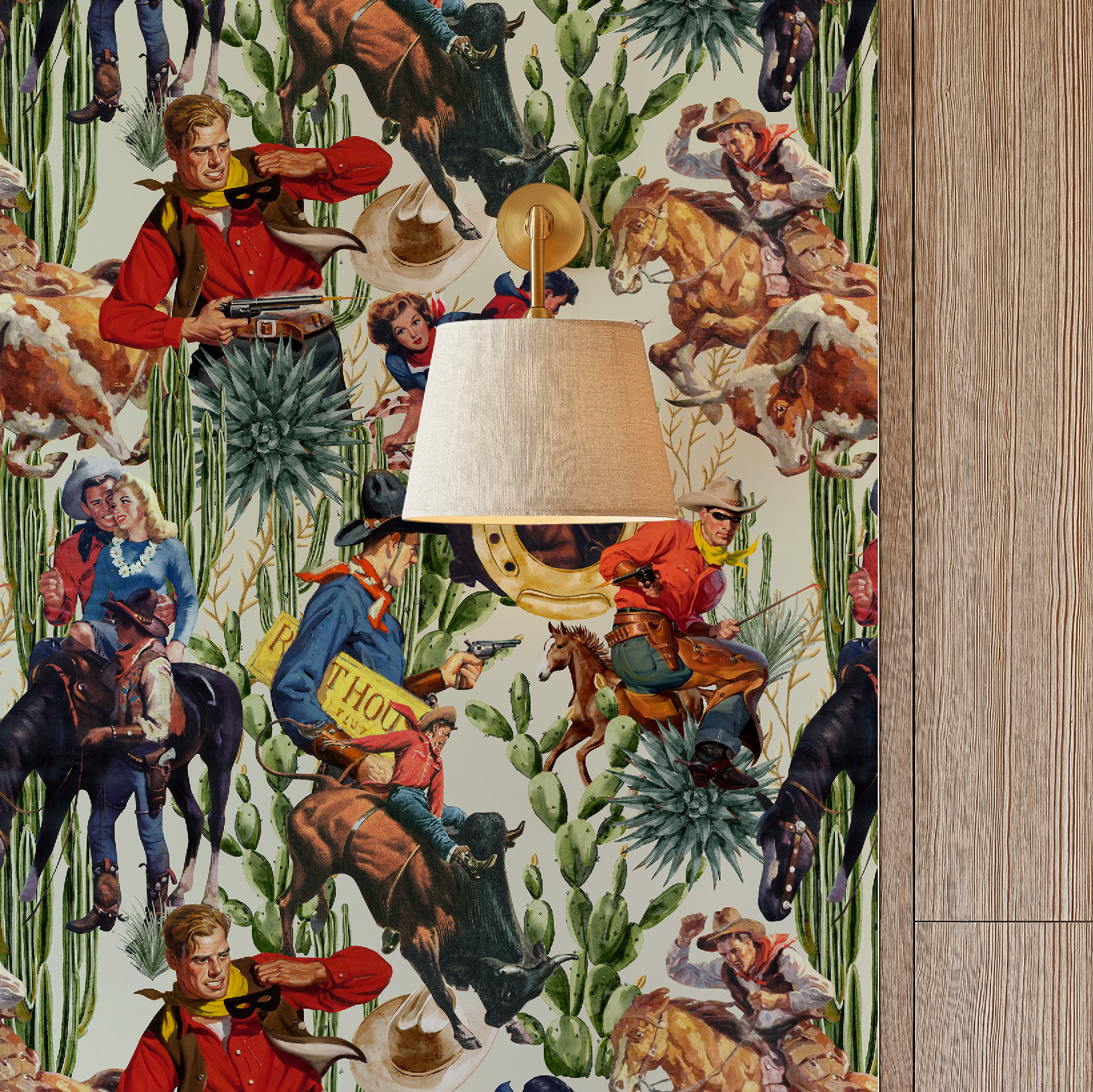 Retro Western Cowboy Ivory Wallpaper