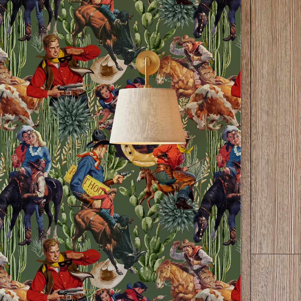 Retro Western Cowboy Sage Green Wallpaper