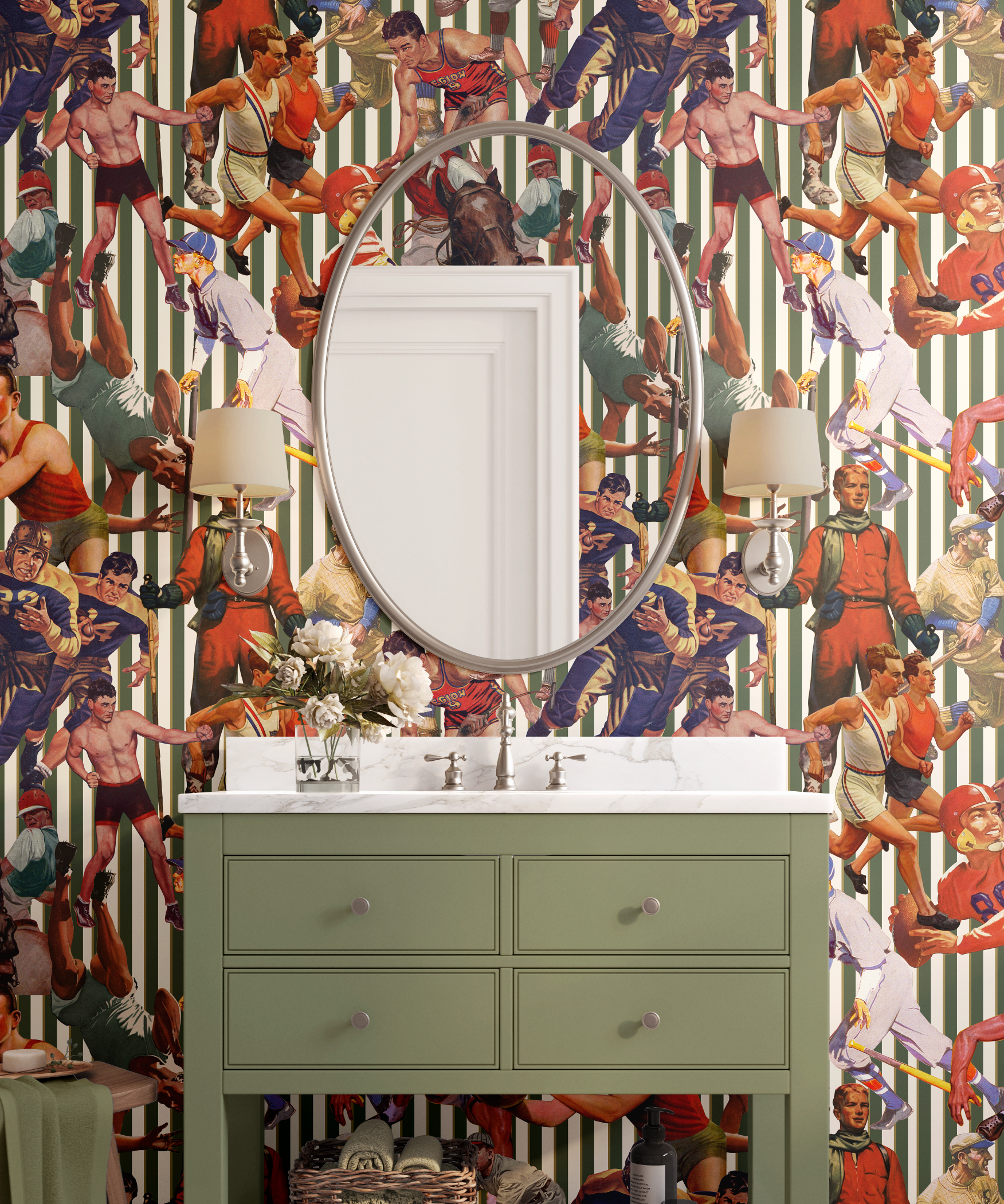 Retro Sports Green Striped Wallpaper