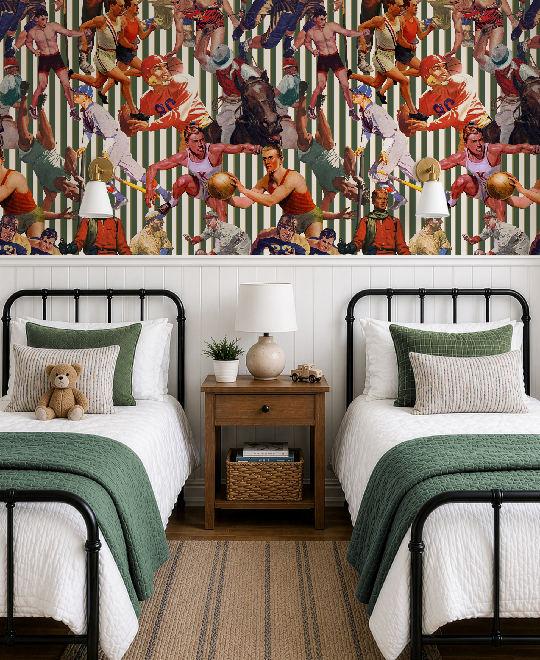 Retro Sports Green Striped Wallpaper