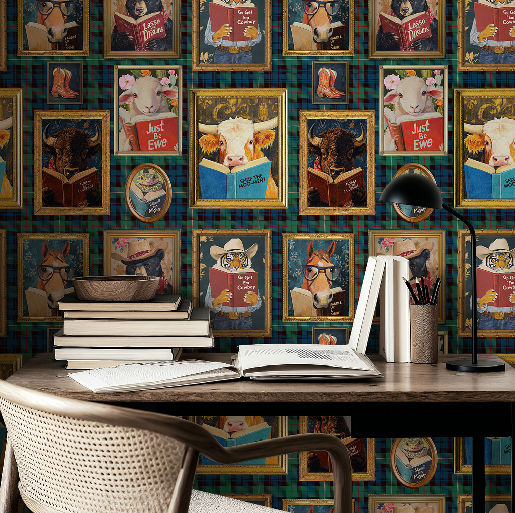 Animals Reading Western Cowboy Plaid Wallpaper