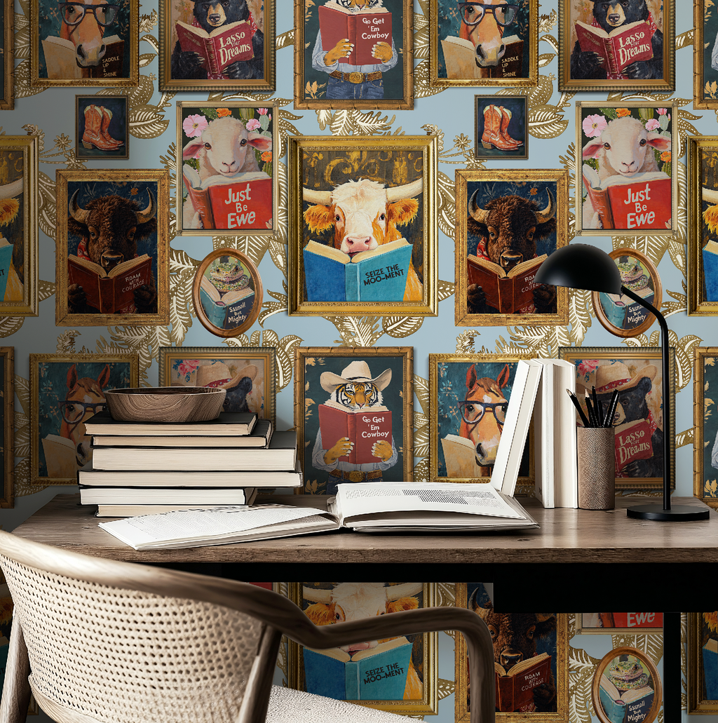 Animals Reading Western Cowboy Blue Botanical Etching Wallpaper