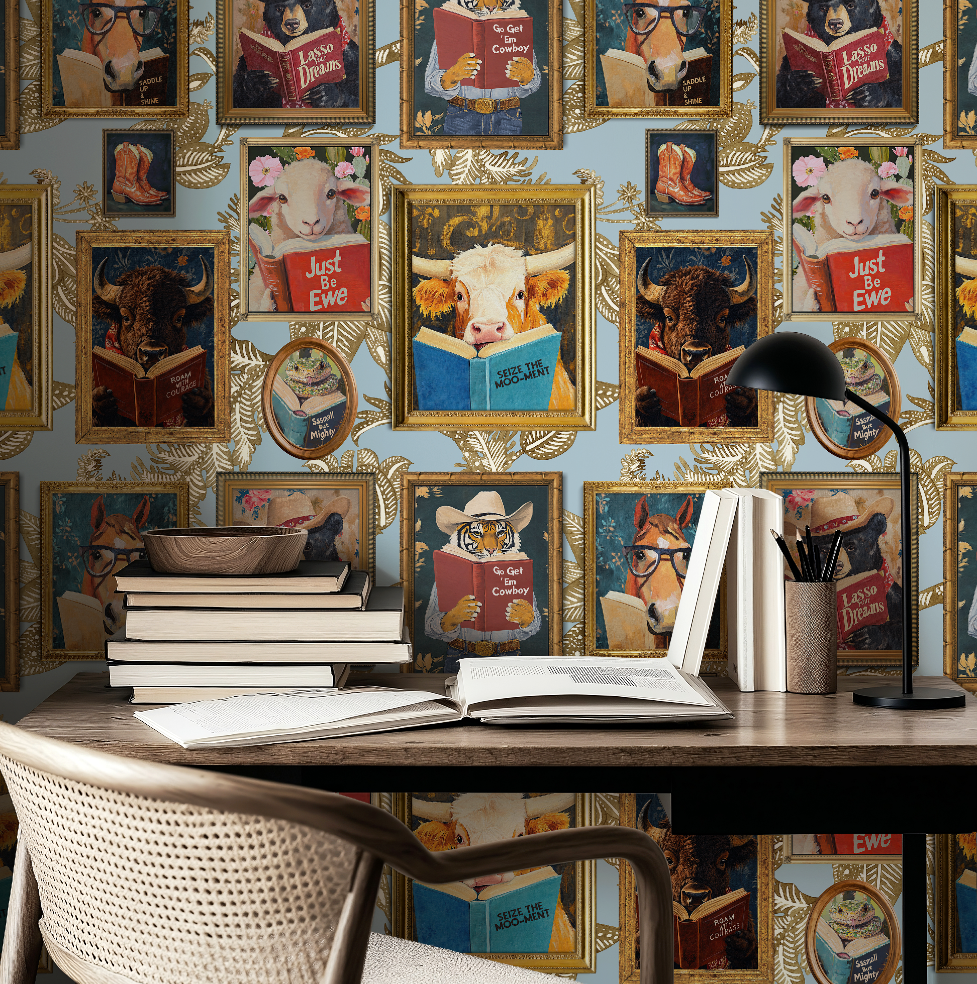 Animals Reading Western Cowboy Blue Botanical Etching Wallpaper