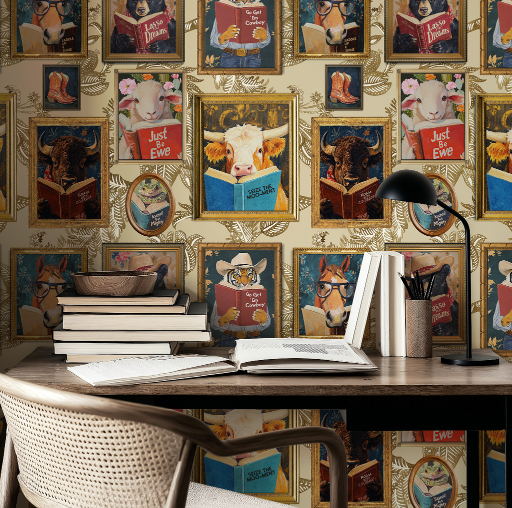 Animals Reading Western Cowboy Ivory Botanical Etching Wallpaper