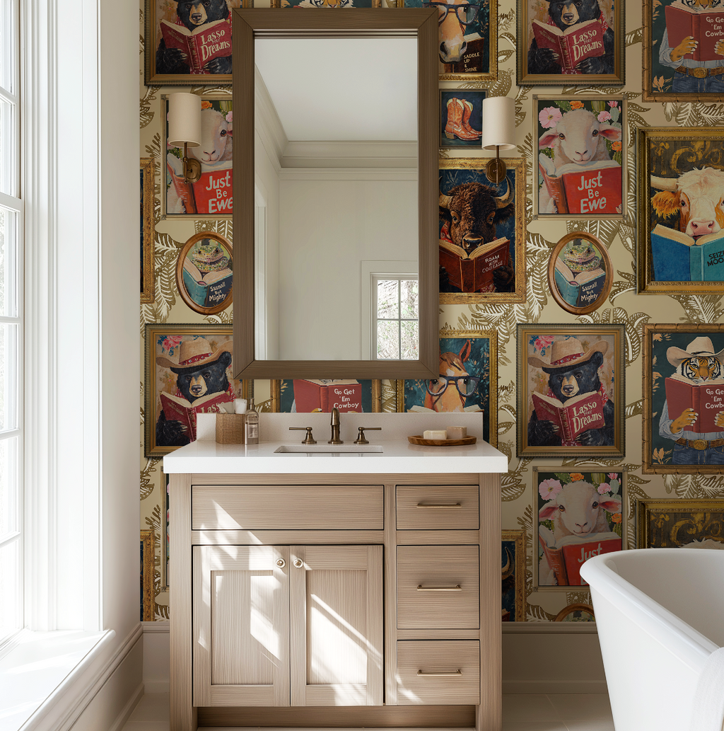 Animals Reading Western Cowboy Ivory Botanical Etching Wallpaper