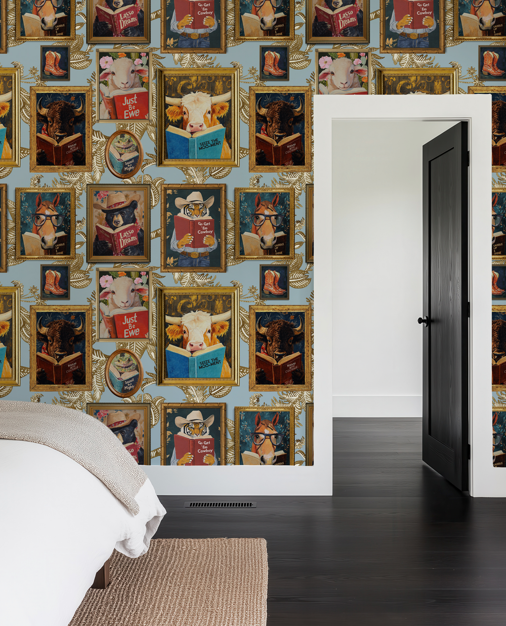 Animals Reading Western Cowboy Blue Botanical Etching Wallpaper