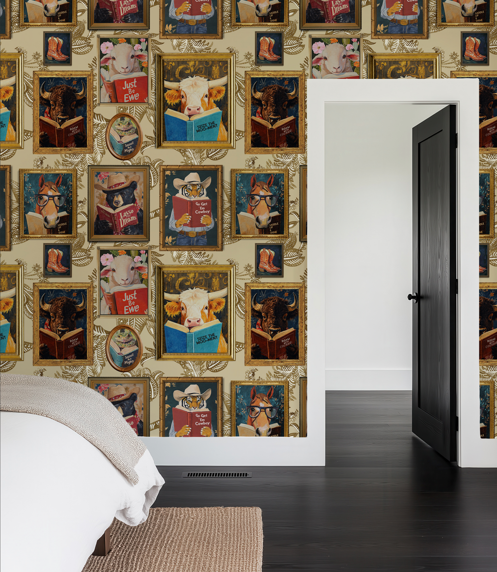 Animals Reading Western Cowboy Ivory Botanical Etching Wallpaper