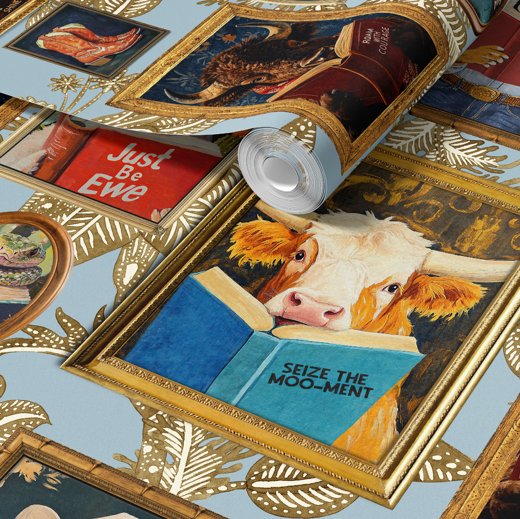Animals Reading Western Cowboy Blue Botanical Etching Wallpaper