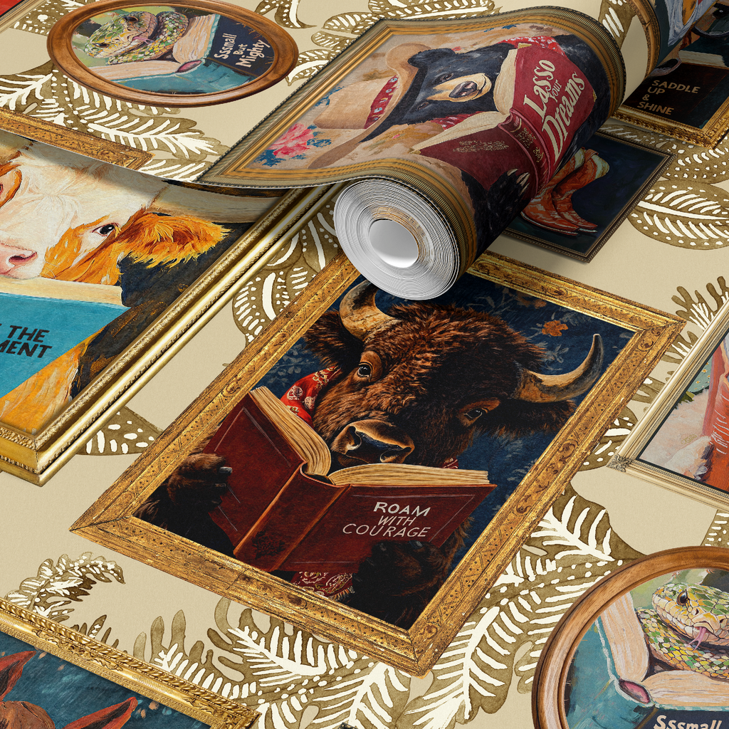 Animals Reading Western Cowboy Ivory Botanical Etching Wallpaper