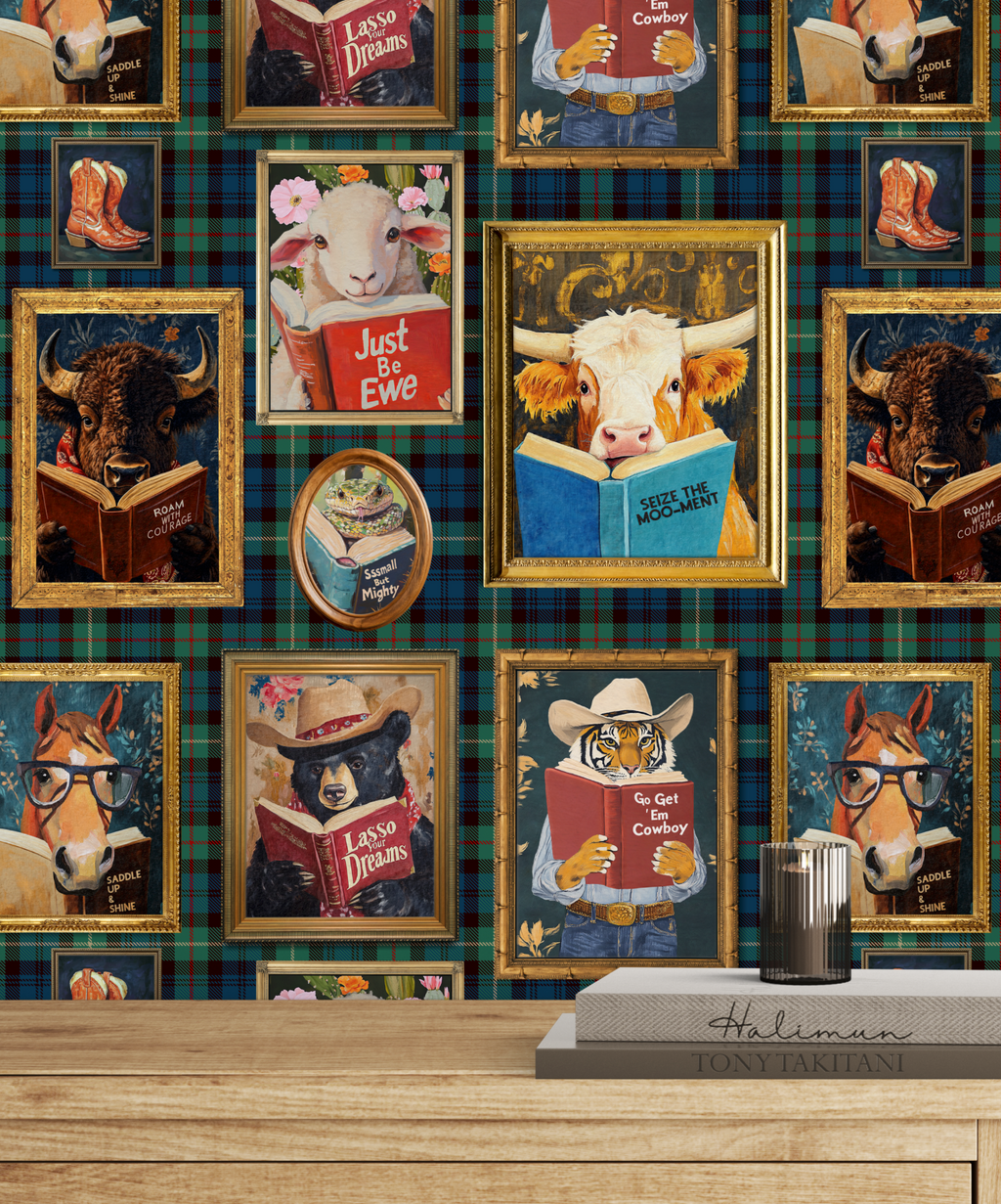 Animals Reading Western Cowboy Plaid Wallpaper