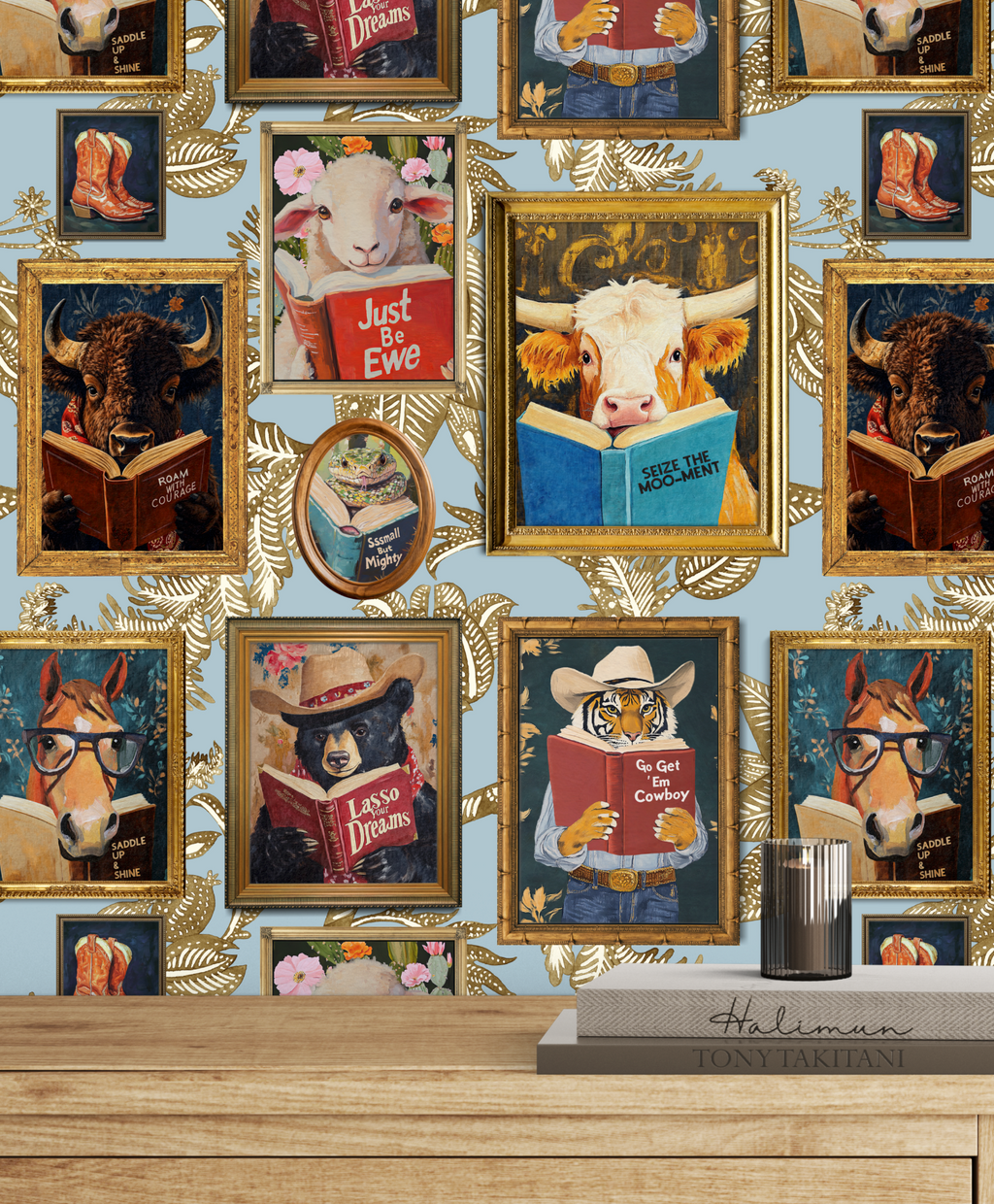 Animals Reading Western Cowboy Blue Botanical Etching Wallpaper