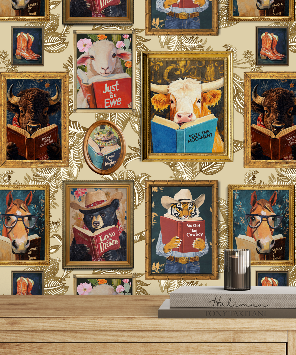 Animals Reading Western Cowboy Ivory Botanical Etching Wallpaper