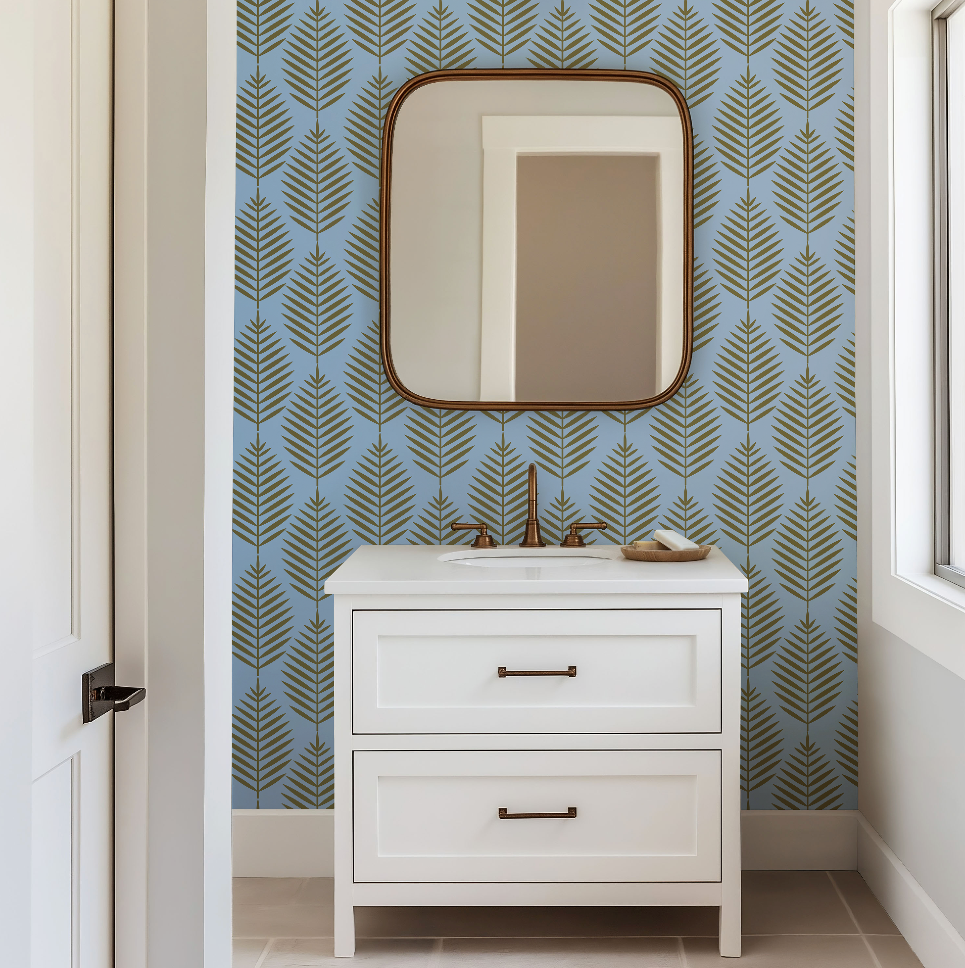 Palm Beach Leaf Gold and Blue Wallpaper