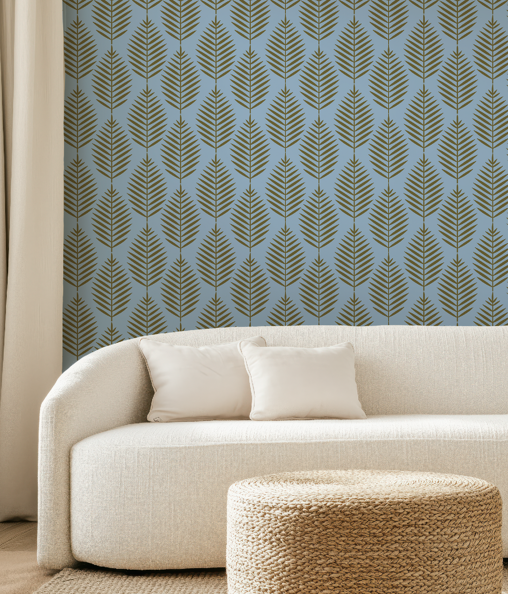 Palm Beach Leaf Gold and Blue Wallpaper