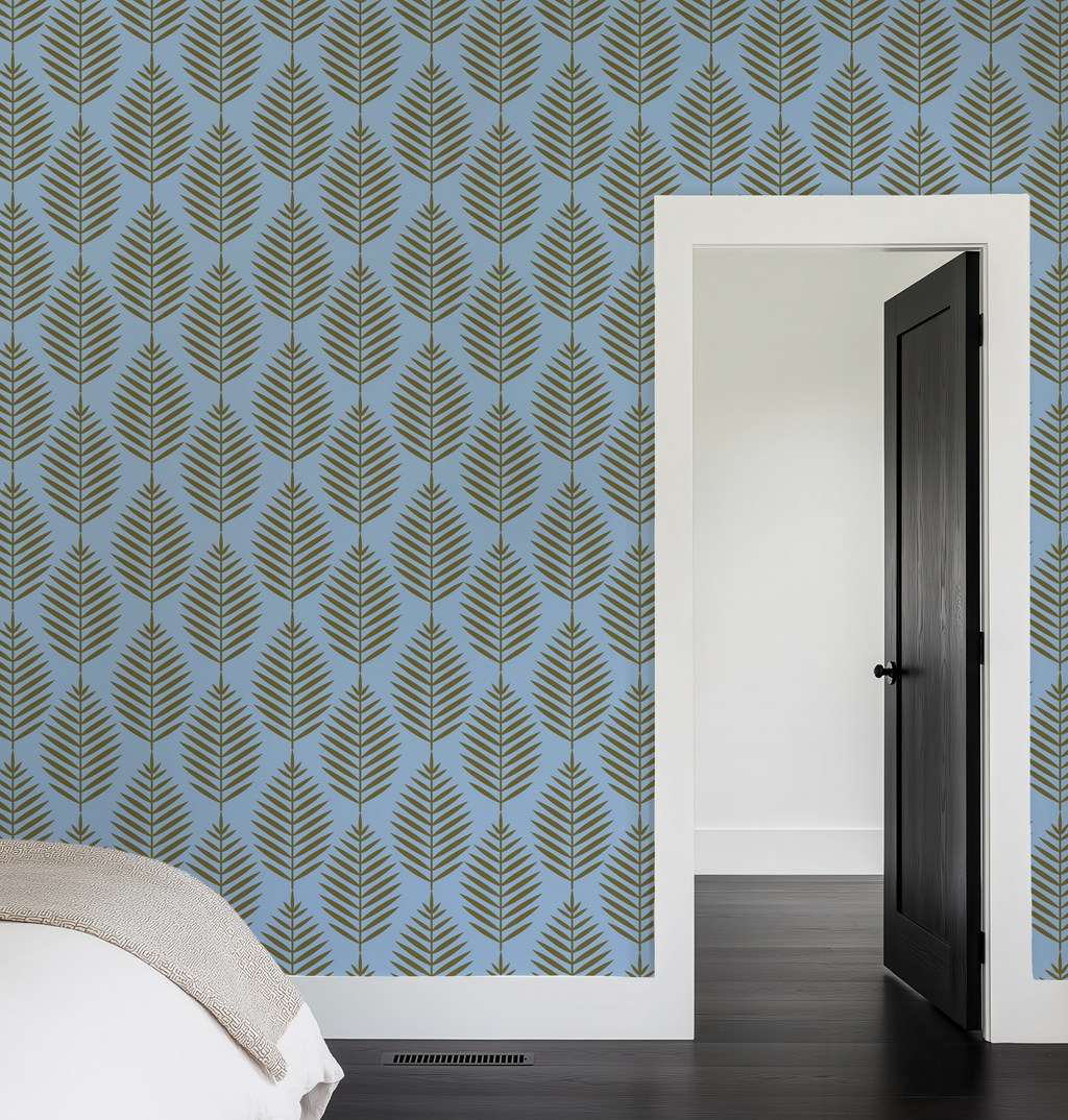 Palm Beach Leaf Gold and Blue Wallpaper
