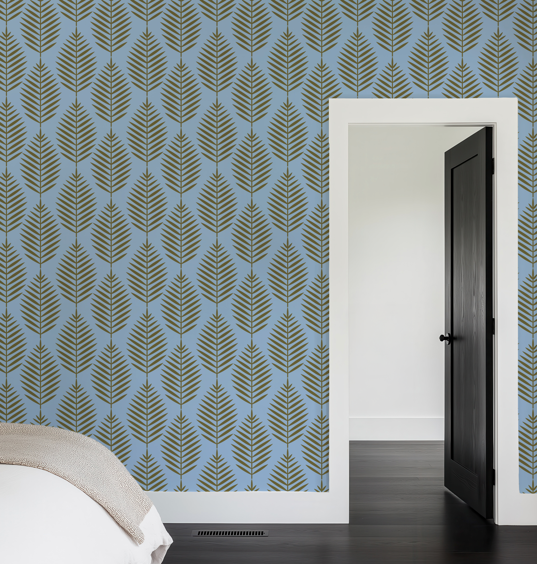 Palm Beach Leaf Gold and Blue Wallpaper