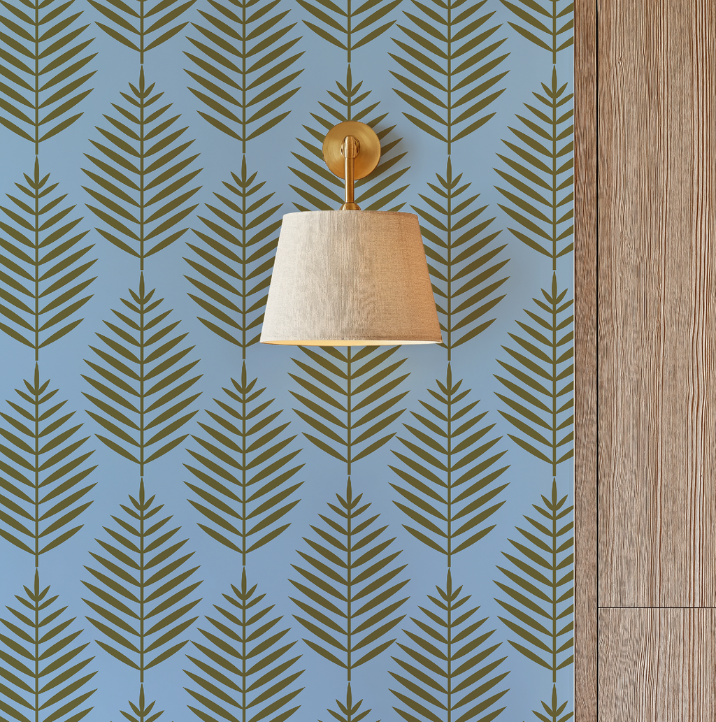 Palm Beach Leaf Gold and Blue Wallpaper