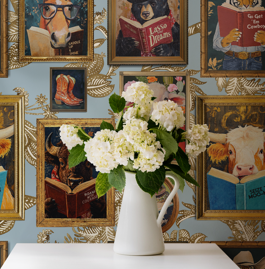 Animals Reading Western Cowboy Blue Botanical Etching Wallpaper
