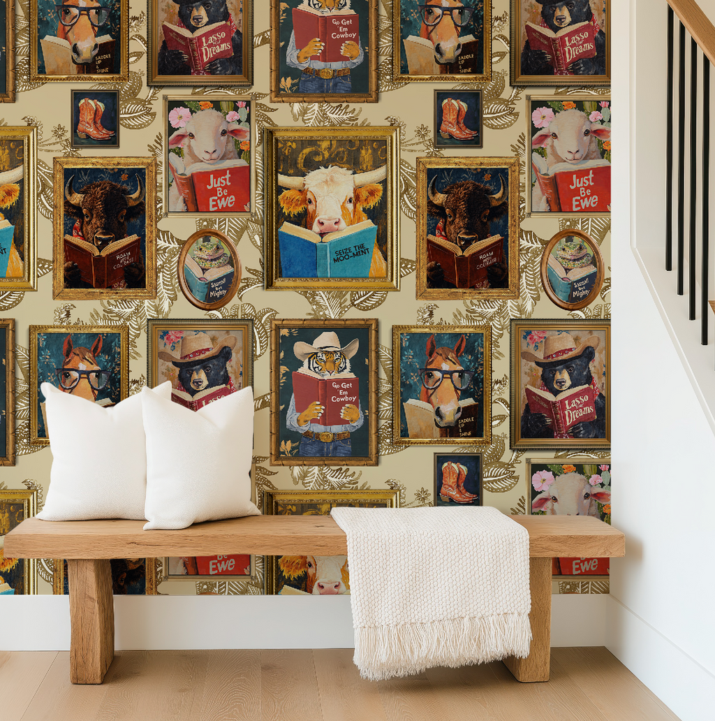 Animals Reading Western Cowboy Ivory Botanical Etching Wallpaper