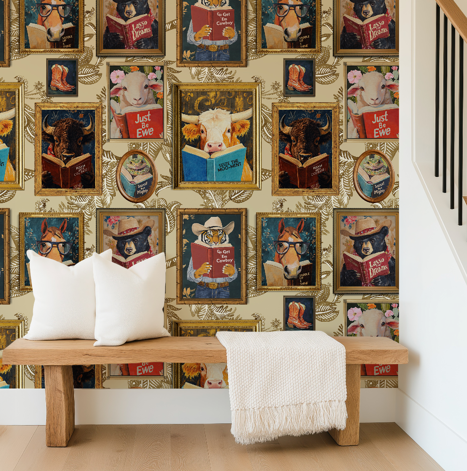 Animals Reading Western Cowboy Ivory Botanical Etching Wallpaper
