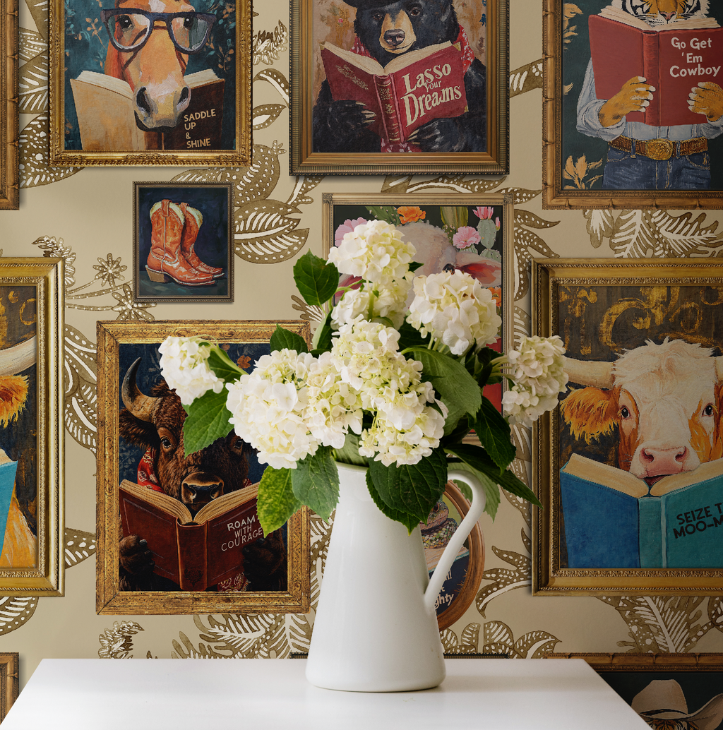 Animals Reading Western Cowboy Ivory Botanical Etching Wallpaper