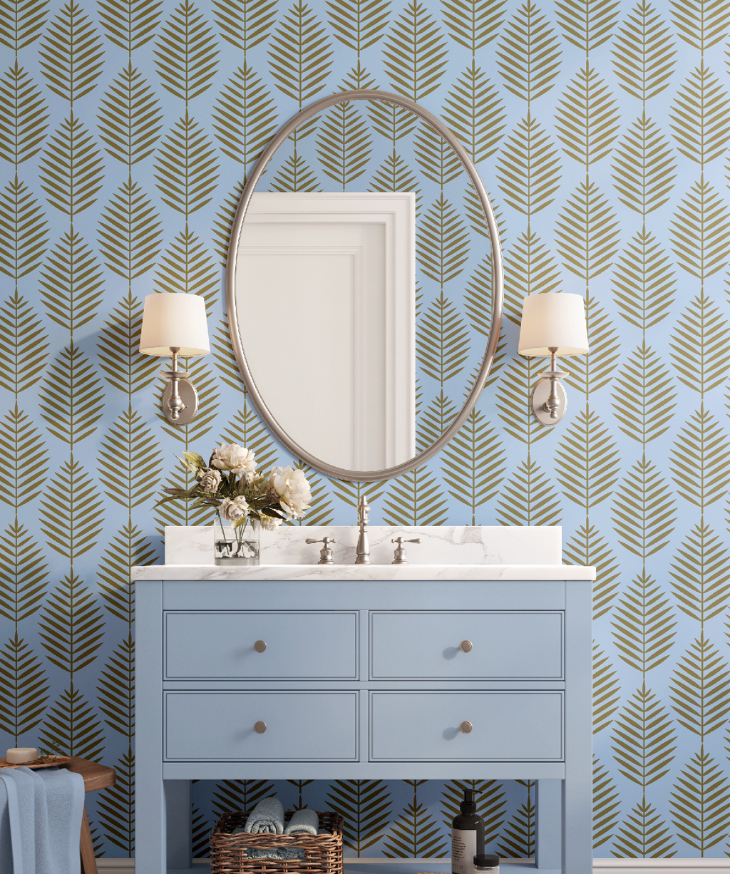 Palm Beach Leaf Gold and Blue Wallpaper