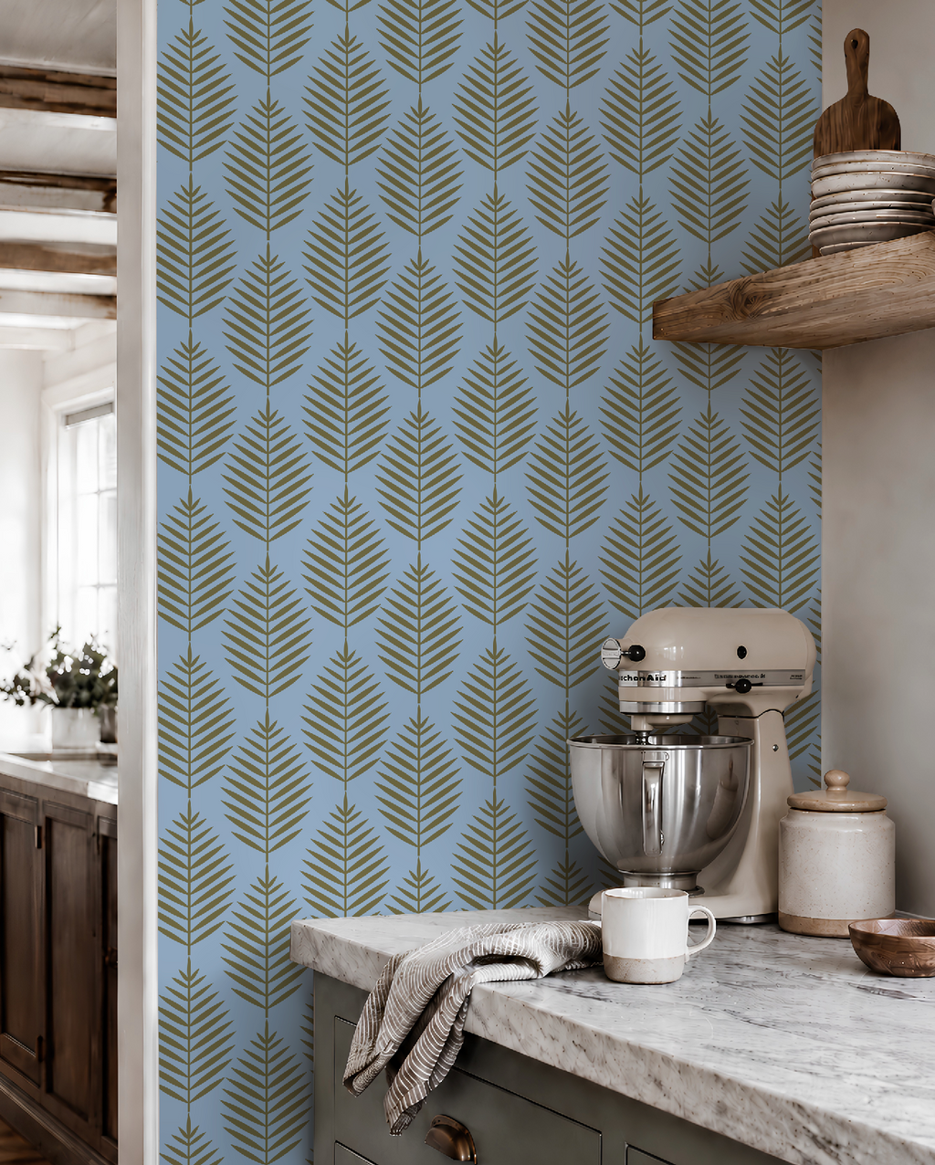 Palm Beach Leaf Gold and Blue Wallpaper