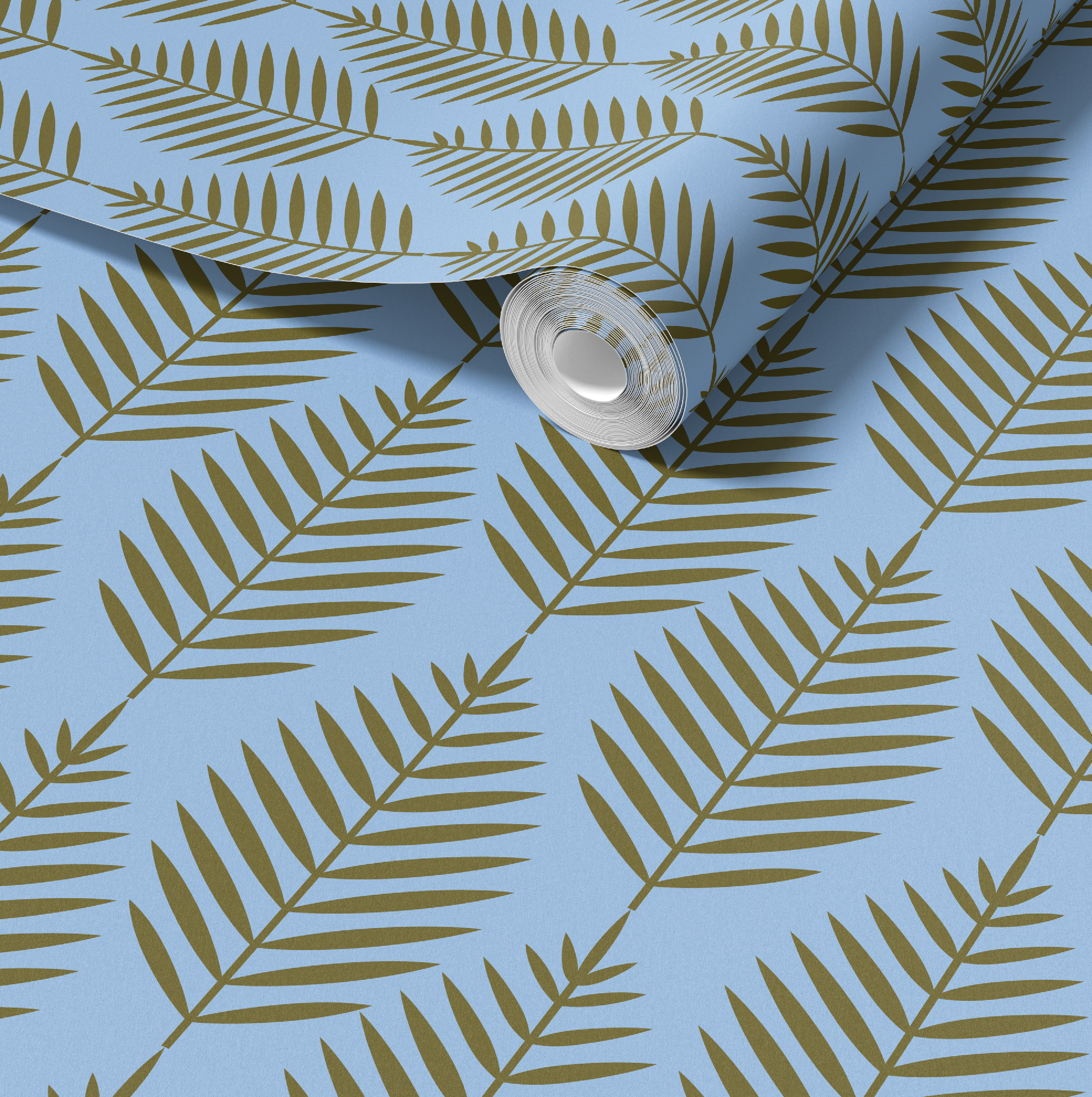 Palm Beach Leaf Gold and Blue Wallpaper