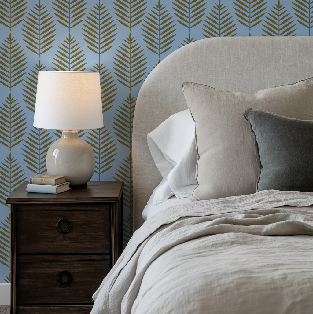 Palm Beach Leaf Gold and Blue Wallpaper