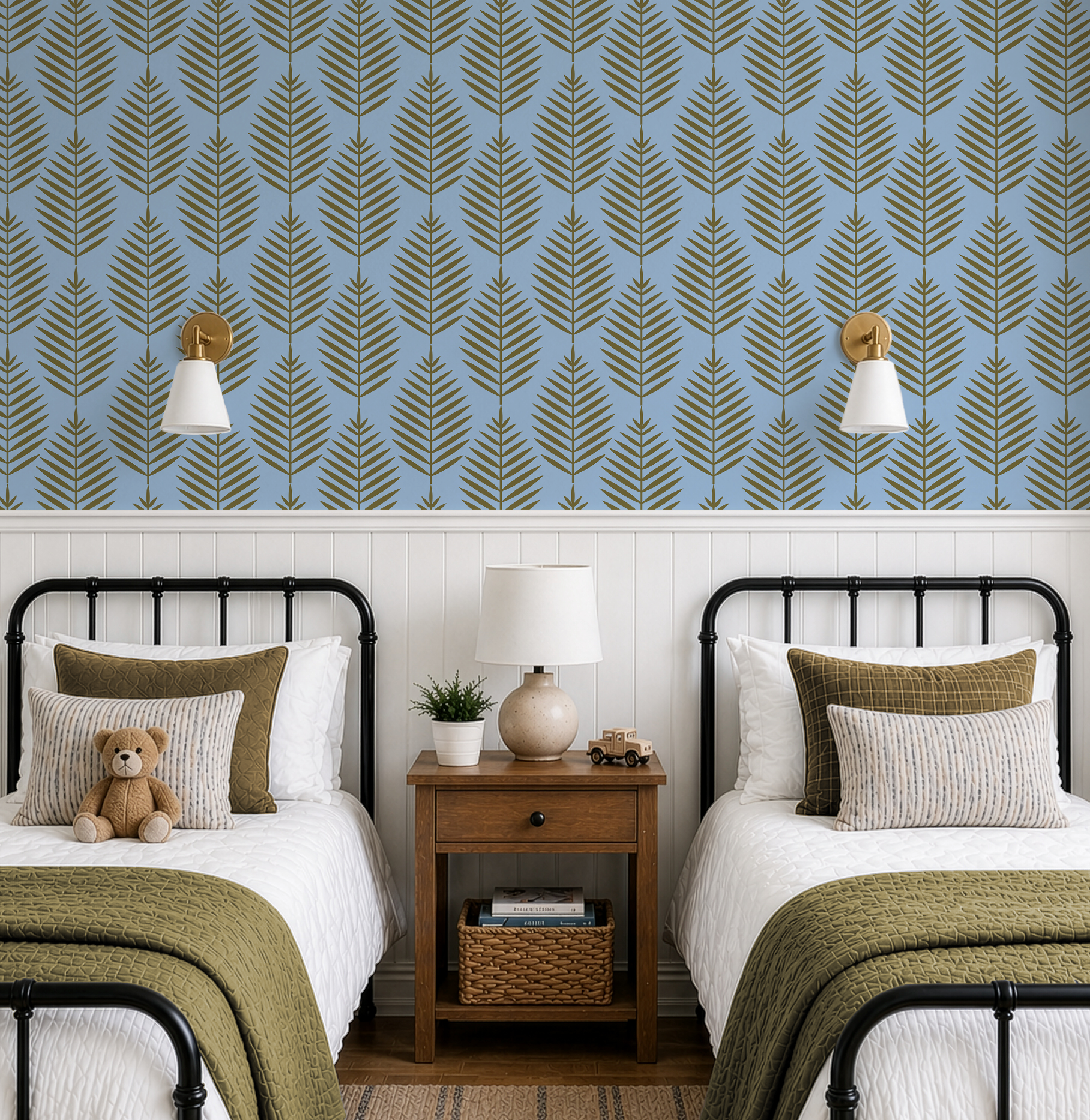 Palm Beach Leaf Gold and Blue Wallpaper