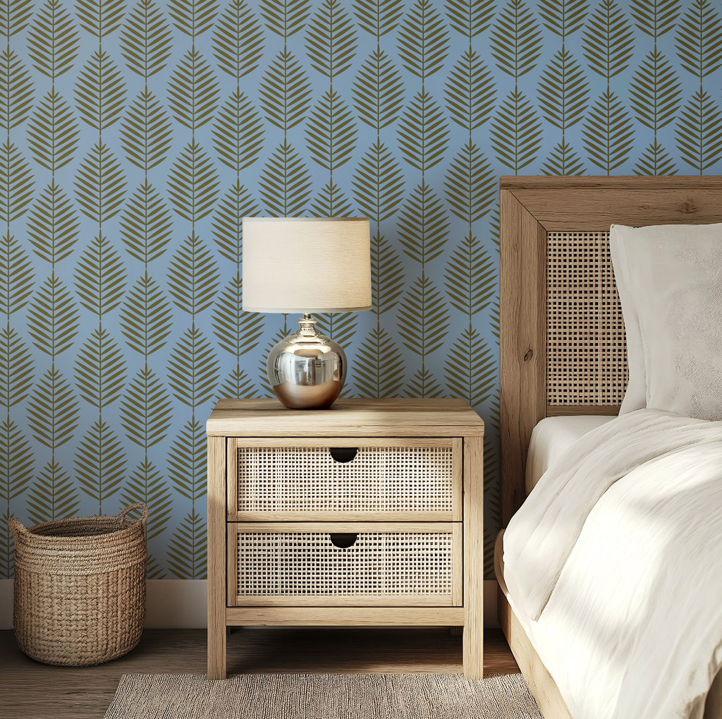Palm Beach Leaf Gold and Blue Wallpaper